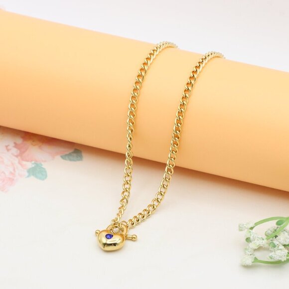 Heart Charm Gold Necklace with Blue Stone – Elegant Chain Style, XPNL0379 - Picture 9 of 13